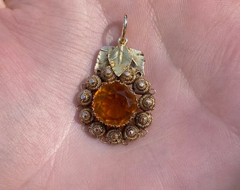 Vintage Solid 18k Yellow Gold Orange Cubic Zirconia Charm - Pendant for Necklace - Fine Estate Jewelry - Real Genuine Gold