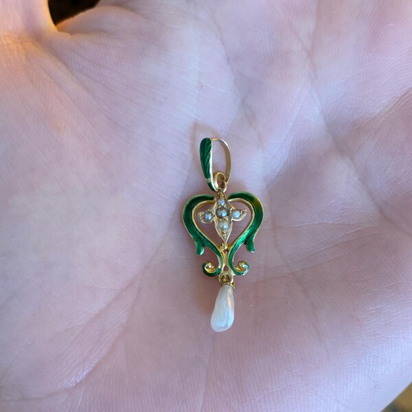 Vintage Solid 14k Yellow Gold Green Enamel Seed Pearl Dangle Charm - Fine Estate Jewelry - Real Genuine Gold