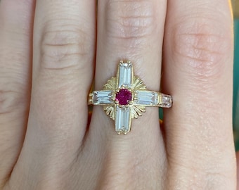 Vintage Solid 10k Yellow Gold Pink Sapphire Clear Cubic Zirconia Cross Ring - Size 7.75