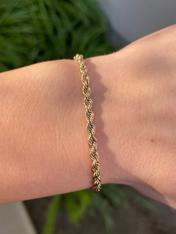 Vintage Solid 14k Yellow Gold Rope Chain Bracelet… - image 1