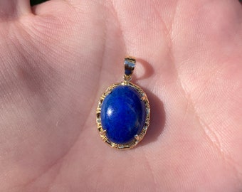 Vintage Solid 14k Yellow Gold Lapis Bamboo Charm - Fine Estate Jewelry - Pendant Necklace - Real Genuine Gold