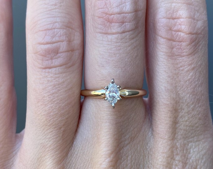 Vintage Solid 14k Yellow Gold Diamond Marquis Engagement Ring - Size 6 ...