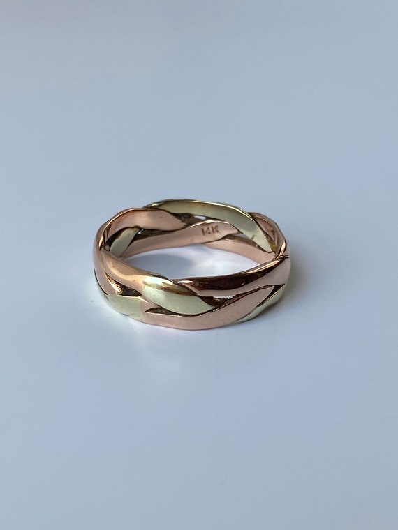 Vintage Solid 14k Yellow & Rose Gold Braided Ring… - image 6