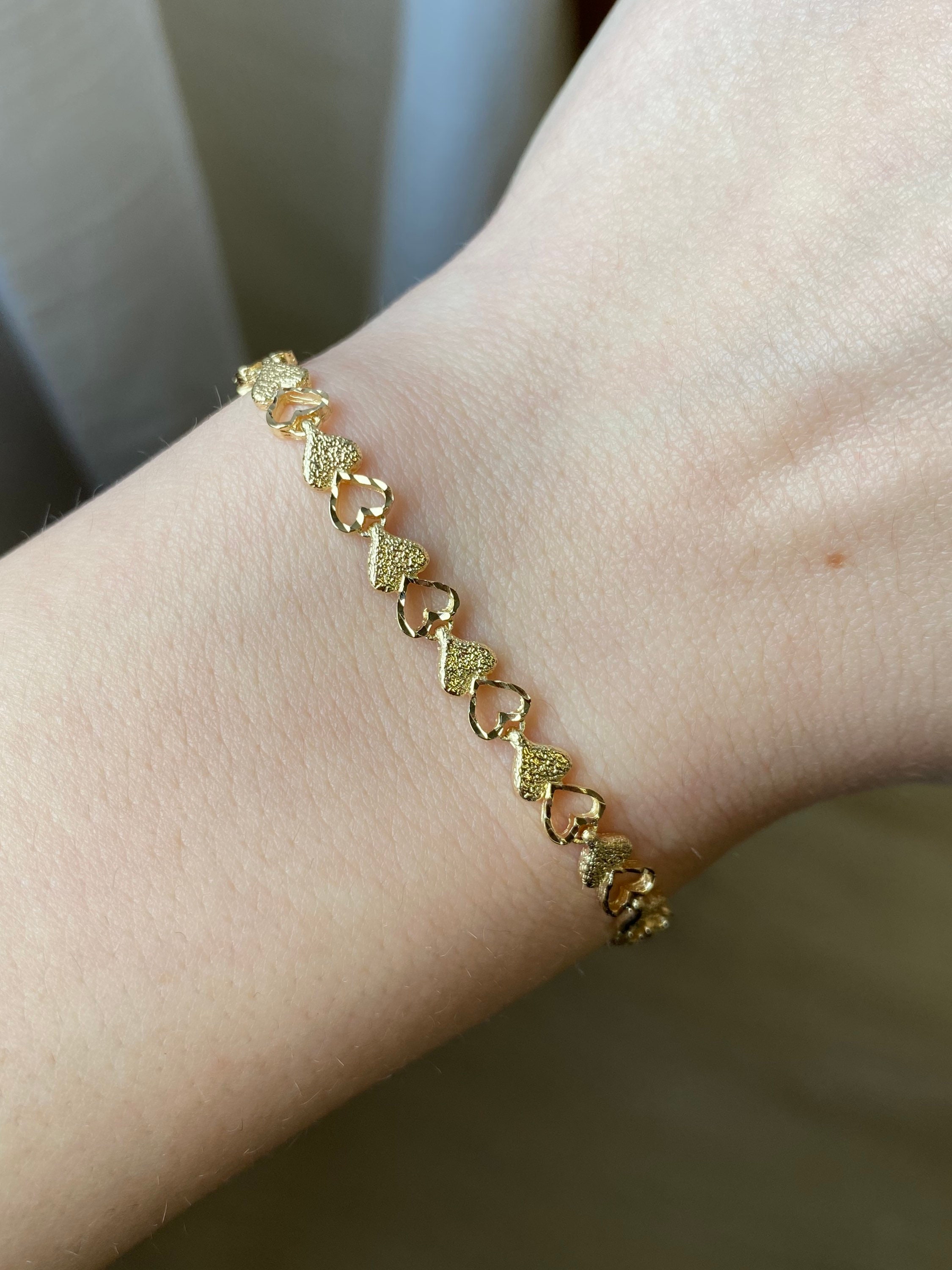 Solid 14k Yellow Gold Heart Link Chain Bracelet 7 Inches Etsy