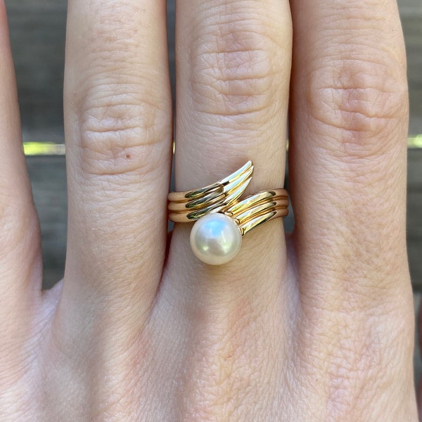 Vintage Solid 14k Yellow Gold Pearl Twist Ring - Size 6.5 - Fine Estate Jewelry - Real Genuine Gold