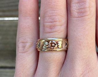 Vintage Solid 14k Rose & Yellow Gold Floral Roses Ring Band - Size 5.5 - Fine Estate Jewelry - Real Genuine Gold