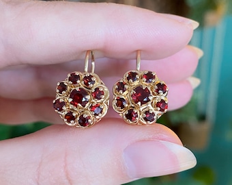 Vintage Solid 14k Yellow Gold Garnet Cluster Drop Earrings