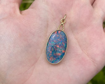 Vintage Solid 18k Yellow Gold Opal Charm - Quality Fine Estate Jewelry - Pendant for Necklace - Real Genuine Gold - For Her
