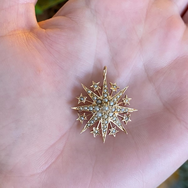 Vintage Solid 14k Yellow Gold Seed Pearl Wavy Star Brooch Charm