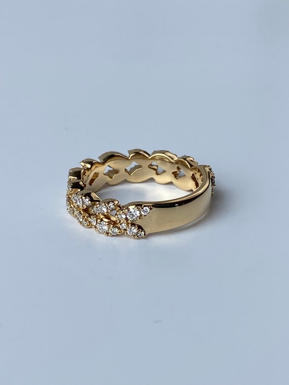 Vintage Solid 18k Yellow Gold Diamond Leaf Ring B… - image 7