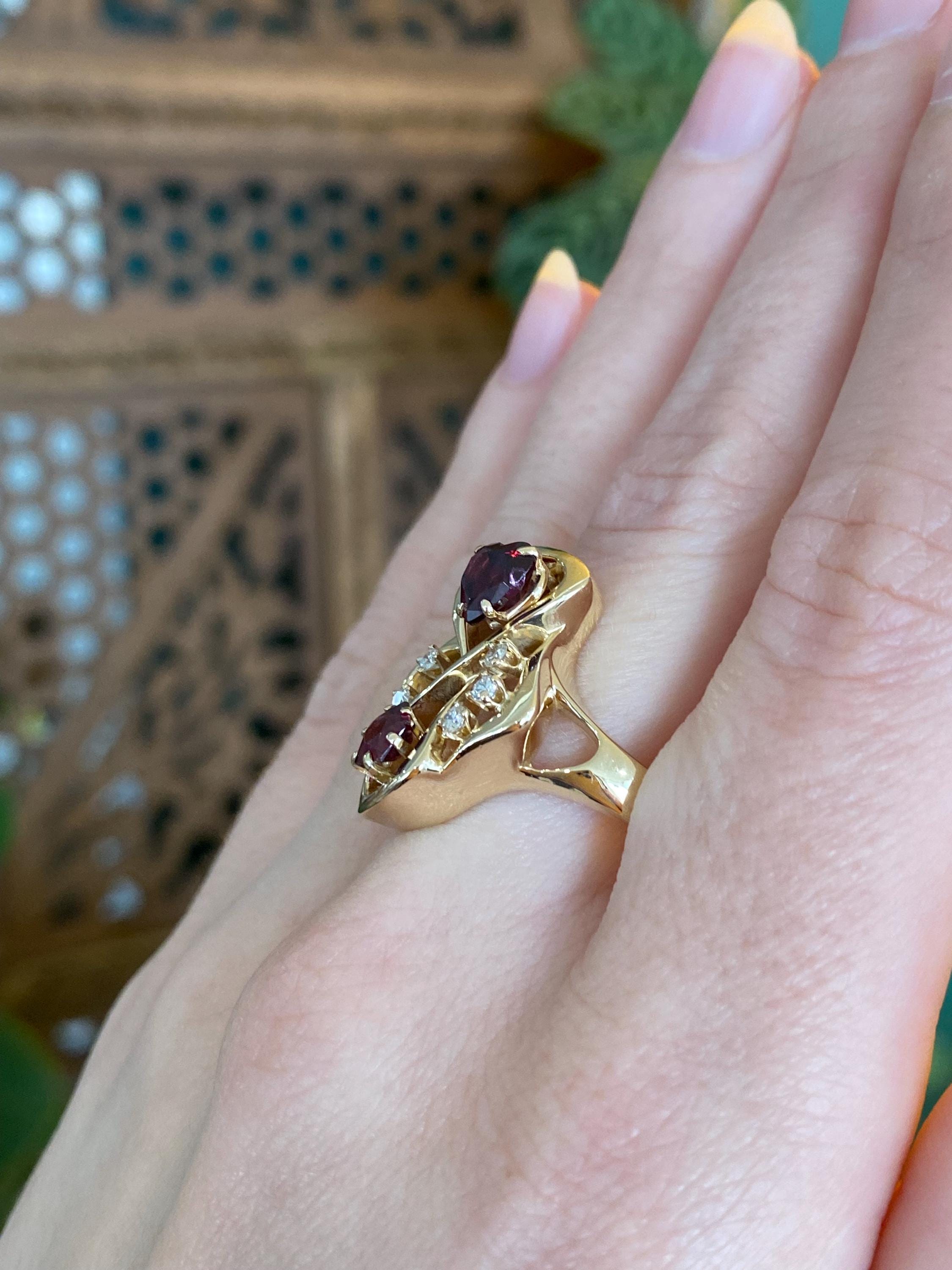 Vintage Solid 14k Yellow Gold Diamond Garnet Ring - Size 10.5 - Etsy