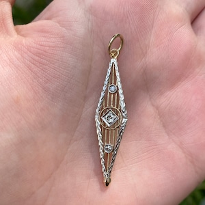 Vintage Art Deco Solid 14k White & Yellow Gold Diamond Pin Conversion Charm - Quality Fine Estate Jewelry - Pendant for Necklace