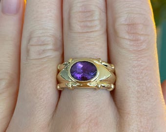 Vintage Solid 14k Yellow Gold Amethyst Ring - Size 8