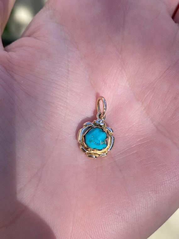 Solid 14k Yellow Gold Turquoise Charm - Quality F… - image 1