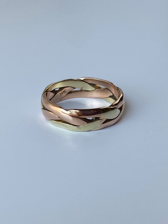 Vintage Solid 14k Yellow & Rose Gold Braided Ring… - image 5
