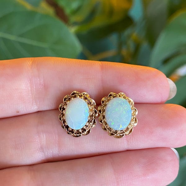 Vintage Solid 14k Yellow Gold Opal Stud Earrings