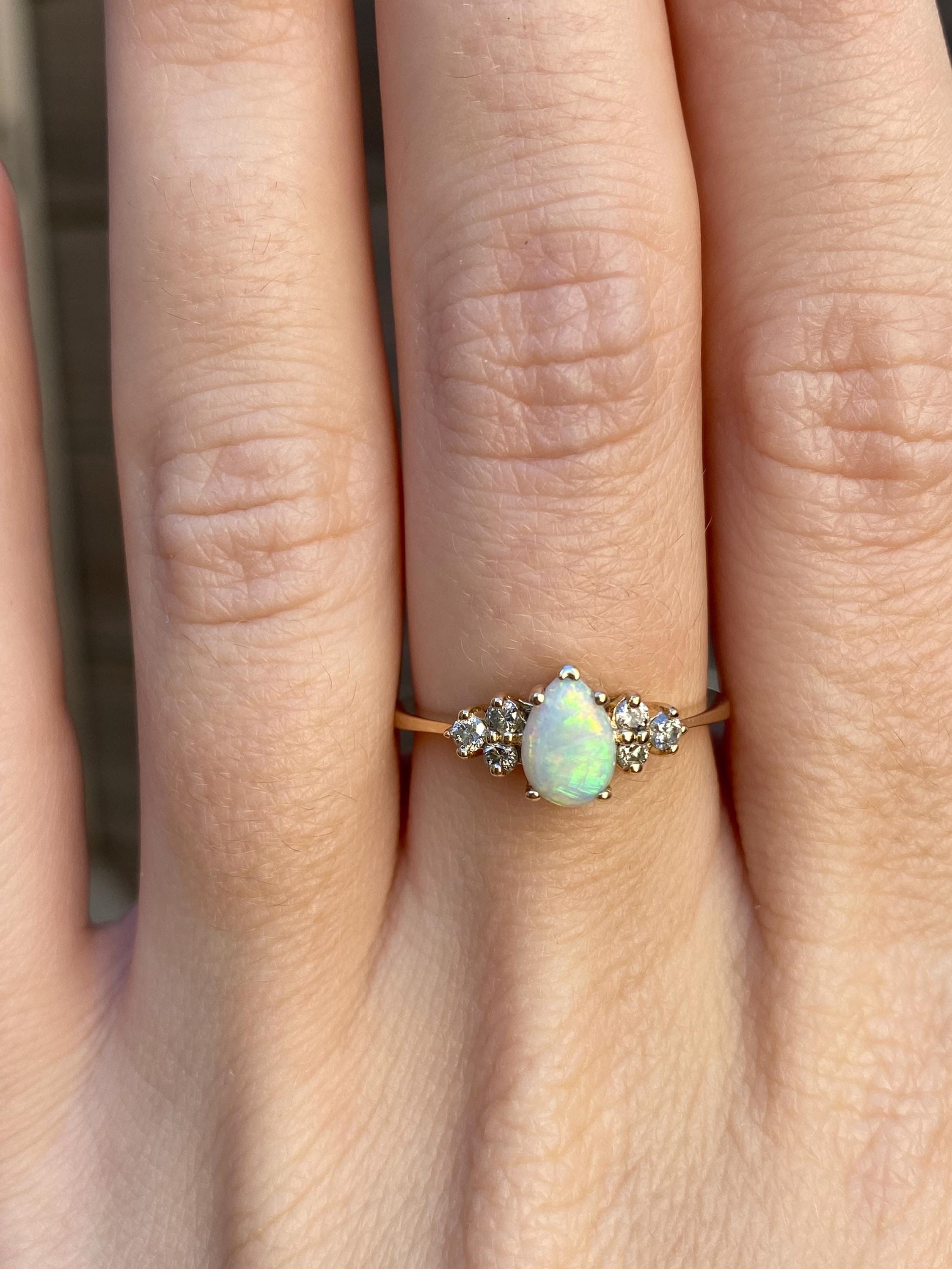 Vintage Solid 14k Yellow Gold Opal Diamond Ring - Size 7 - Fine Estate Jewelry - Real Genuine Gold