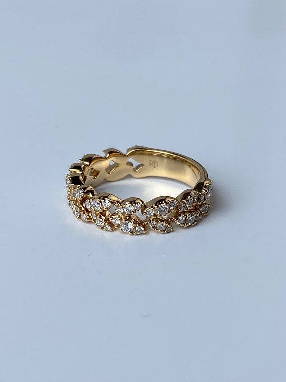 Vintage Solid 18k Yellow Gold Diamond Leaf Ring B… - image 6
