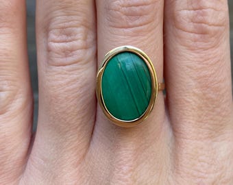 Vintage Solid 14k Yellow Gold Malachite Ring - Size 6.25