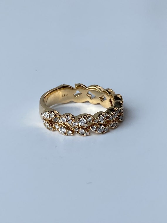 Vintage Solid 18k Yellow Gold Diamond Leaf Ring B… - image 9