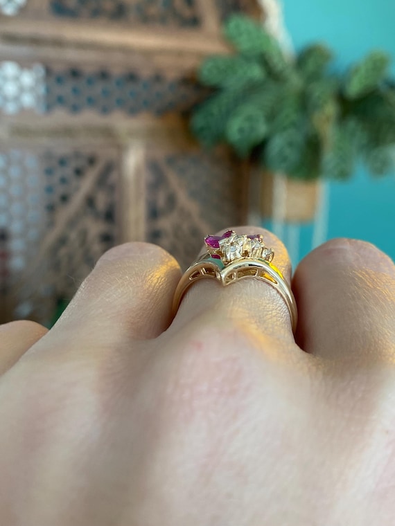 Solid 14k Yellow Gold Diamond Ruby Ring - Size 6.… - image 4