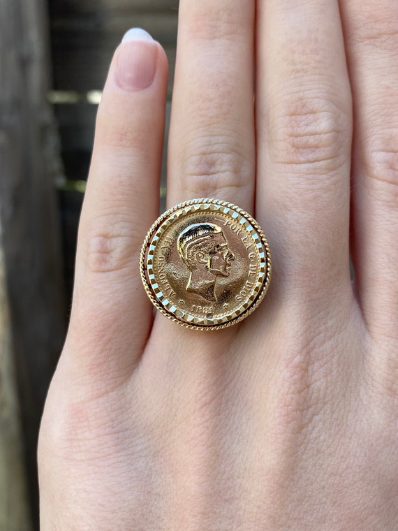 Solid 14k Yellow Gold 1881 10 Pesetas Spanish .9000 Gold Coin Ring