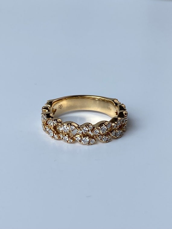 Vintage Solid 18k Yellow Gold Diamond Leaf Ring B… - image 5