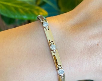 Solid 14k Yellow & White Gold Bezel Set Diamond Tennis Bracelet - 7 inches - Real Genuine Gold - Quality Fine Estate Jewelry