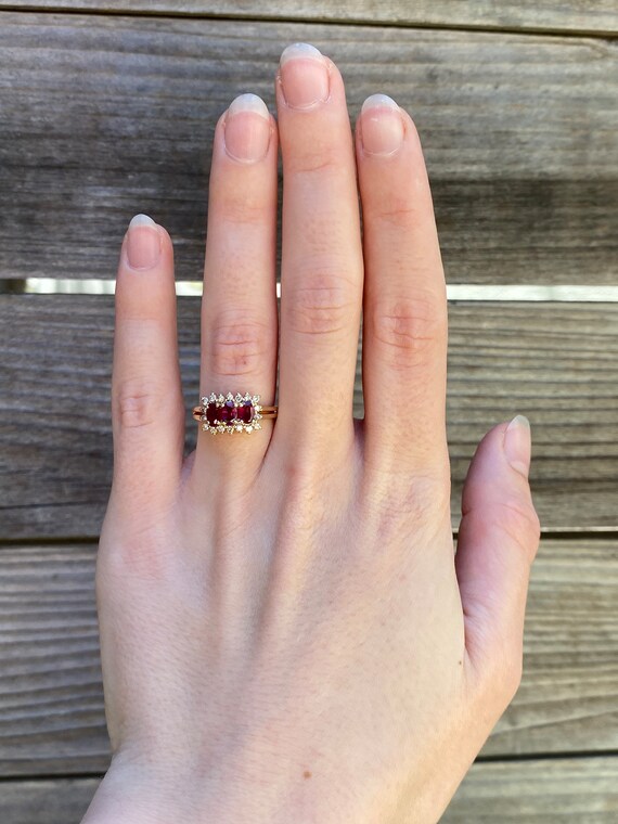 Vintage Solid 14k Yellow Gold Ruby & Diamond Halo… - image 2