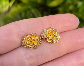 Vintage solide 24k gele bloem Stud Oorbellen - fijne landgoed sieraden - echt echt goud