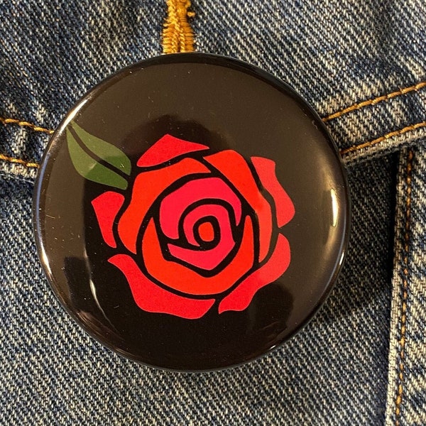 DSA - Democratic Socialists of America - 2 1/4" Red Rose pinback campaign button