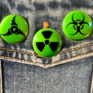 3 INTERNATIONAL HAZARD SYMBOL -  Green Mini Buttons Pins - Flair - Backpack Pins, Goth, Emo, Punk