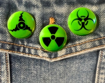3 INTERNATIONAL HAZARD SYMBOL -  Green Mini Buttons Pins - Flair - Backpack Pins, Goth, Emo, Punk