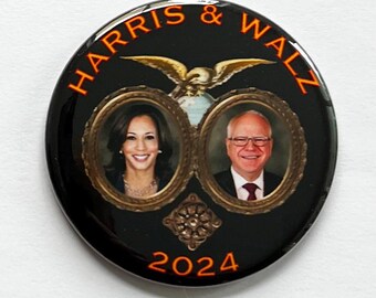 Kamala Harris - Tim Walz Campaign Button - Vintage Style in Black 2-1/4&quot;  Diameter