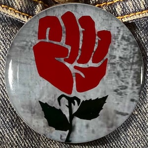 DEMOCRATIC SOCIALISTS of AMERICA Rose Fist 2-1/4&quot;  diameter pinback campaign button
