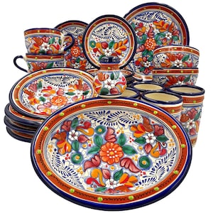 Handmade Mexican Talavera dinnerware, 35-Piece, Handcrafted Vibrant Mexican Ceramic Plates, mugs, cups & Bowls unique gift idea home decor