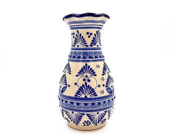 Traditional Mexican Talavera Vase Hand-Painted Blue and Cream Ceramic Flower Elegant Home Decor Accent gift unique idea center piece