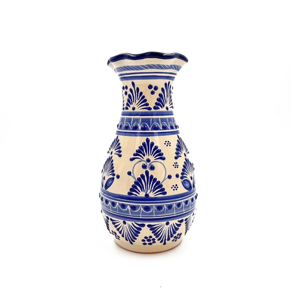 Traditional Mexican Talavera Vase Hand-Painted Blue and Cream Ceramic Flower Elegant Home Decor Accent gift unique idea center piece
