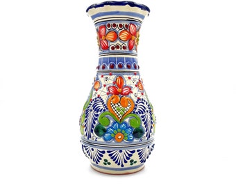 Authentic Talavera Vase - Handcrafted Mexican Ceramic Flower Vase, Traditional Blue and Multicolor Floral Design, Artisan Home Decor - 10"