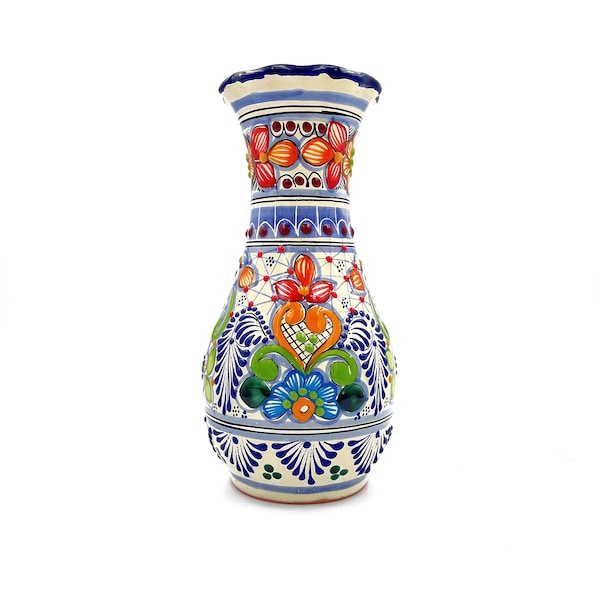 Authentic Talavera Vase - Handcrafted Mexican Ceramic Flower Vase, Traditional Blue and Multicolor Floral Design, Artisan Home Decor - 10"