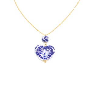 Handcrafted Talavera Heart Pendant Necklace - 18” to 20&quot; Adjustable 14k Gold-Plated Chain - Elegant Blue and White Ceramic valentine&#39;s day