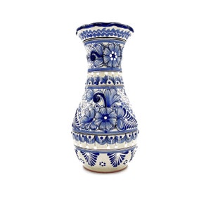 Traditional Mexican Talavera Vase - Blue and White Handcrafted Ceramic Flower Vase for Home Decor & Gifts