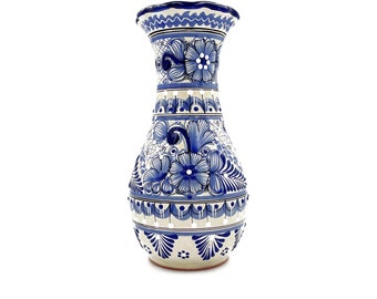 Traditional Mexican Talavera Vase - Blue and White Handcrafted Ceramic Flower Vase for Home Decor & Gifts