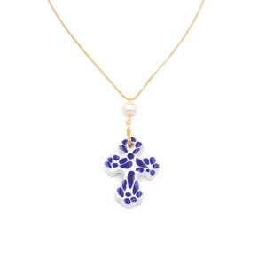 Handmade Talavera Cross Pendant Necklace with Freshwater Pearl - Elegant gift for her - Traditional Mexican Ceramic Jewelry