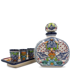 Talavera Tequila Decanter Set, Mexican Ceramic Bottle + 3 Shot Glasses & Tray, Bar Cart Decor, Thanksgiving Host Gift, Christmas Gift