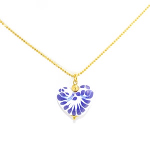 Elegant Talavera Heart  Necklace - 19&quot; Gold-Plated Chain - Handcrafted Blue and White Ceramic Jewelry unique gift idea favor love romantic