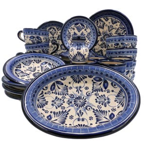 Talavera Dinnerware Set 35-Piece, Service for 4, Blue & White Mexican Ceramic Plates Bowls Mugs, De La Reina Puebla Pottery, Christmas Gift