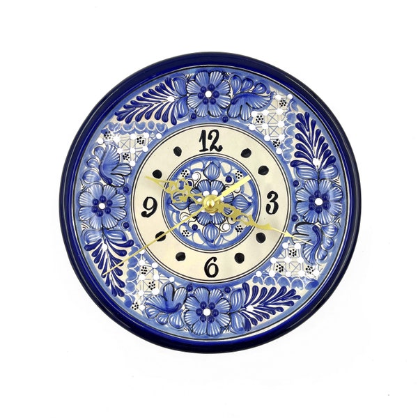 Decorative Mexican Talavera Wall Clock - Hand-Painted Ceramic Timepiece in Cobalt Blue - Artisan Kitchen Clock 8 Inches unique gift idea