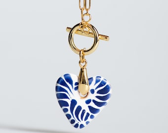 Talavera Heart Necklace, Mexican Ceramic Pendant, Blue & White Puebla Pottery Jewelry, Gold Chain, Gift for Her, Christmas Stocking Stuffer