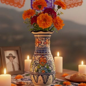 May include: A vibrant, hand-painted ceramic vase filled with orange and red flowers. The vase is decorated with blue and orange floral patterns. Lit candles and a framed photo are on a table with a patterned runner.